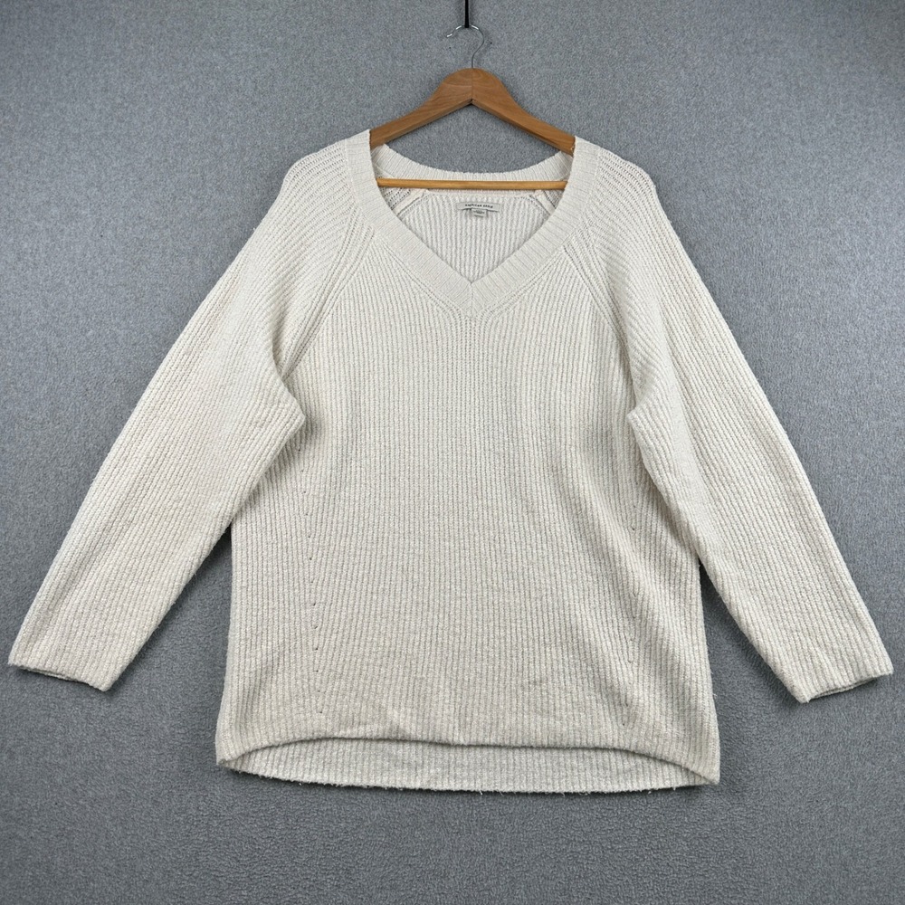 American Eagle Sweater Womens Small White V-Neck Ribbed Knit Raglan Pullover